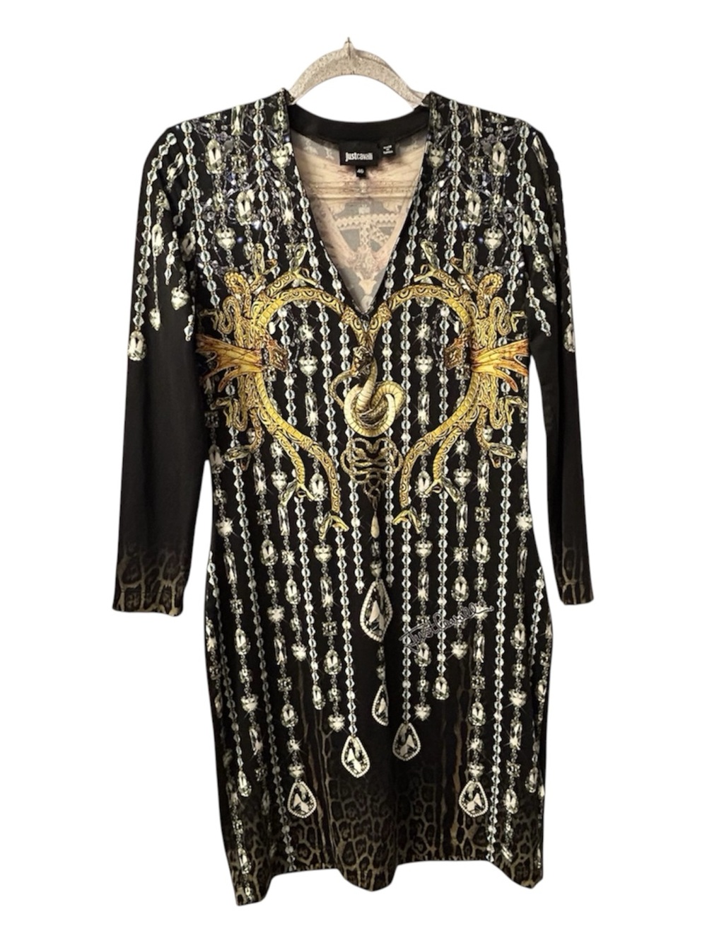 Just Cavalli Diamonds Leopard Snake Dress Womens Size 46 Black Long Sleeve